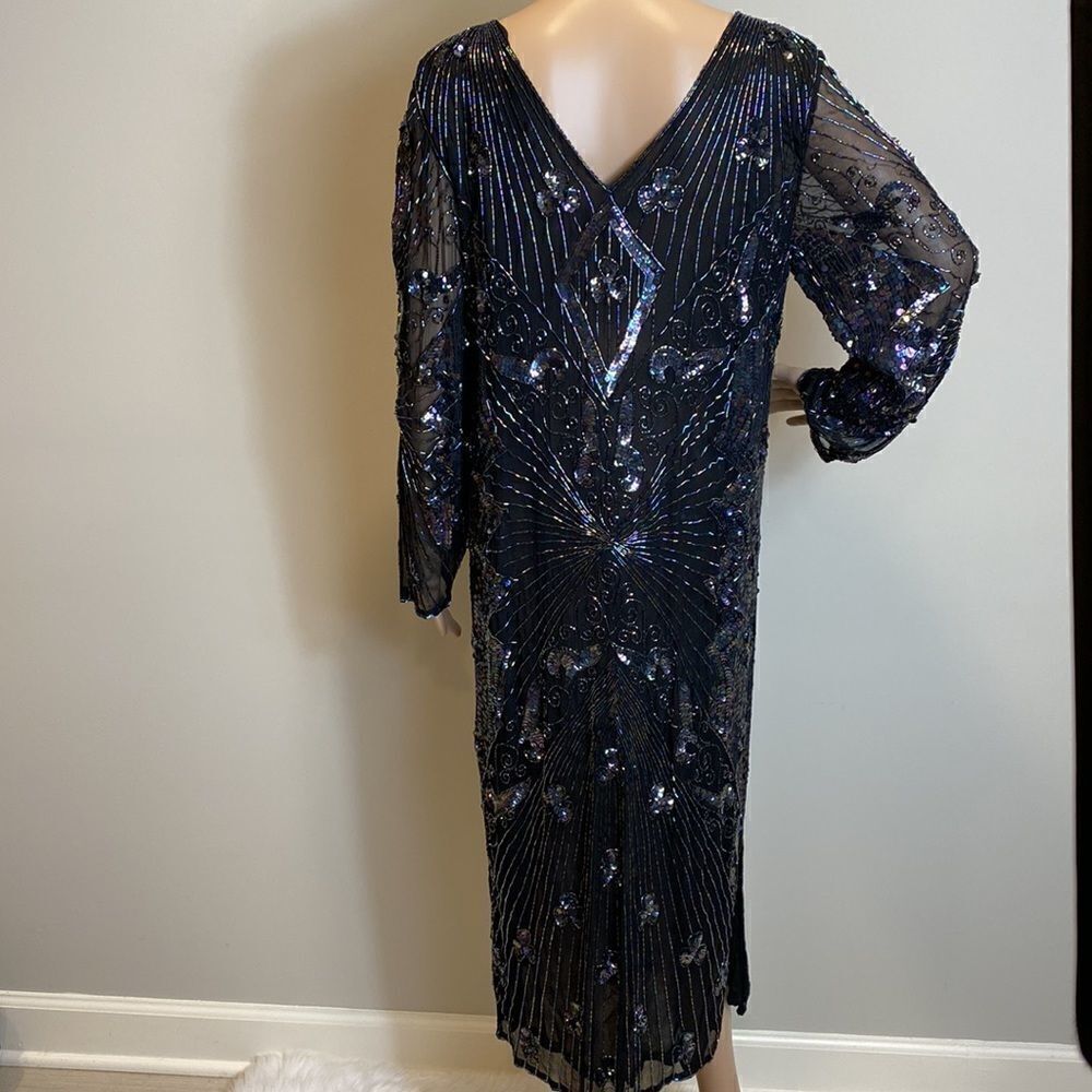 Vintage Beaded Pure Silk Black Evening Dress Art Deco Sequin Midi Size M - Picture 7 of 10